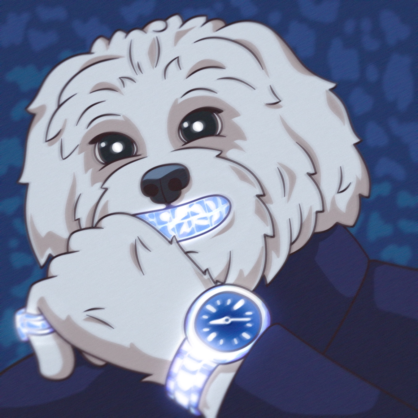 Anime-style Brodie flexing diamond grillz and an iced-out watch